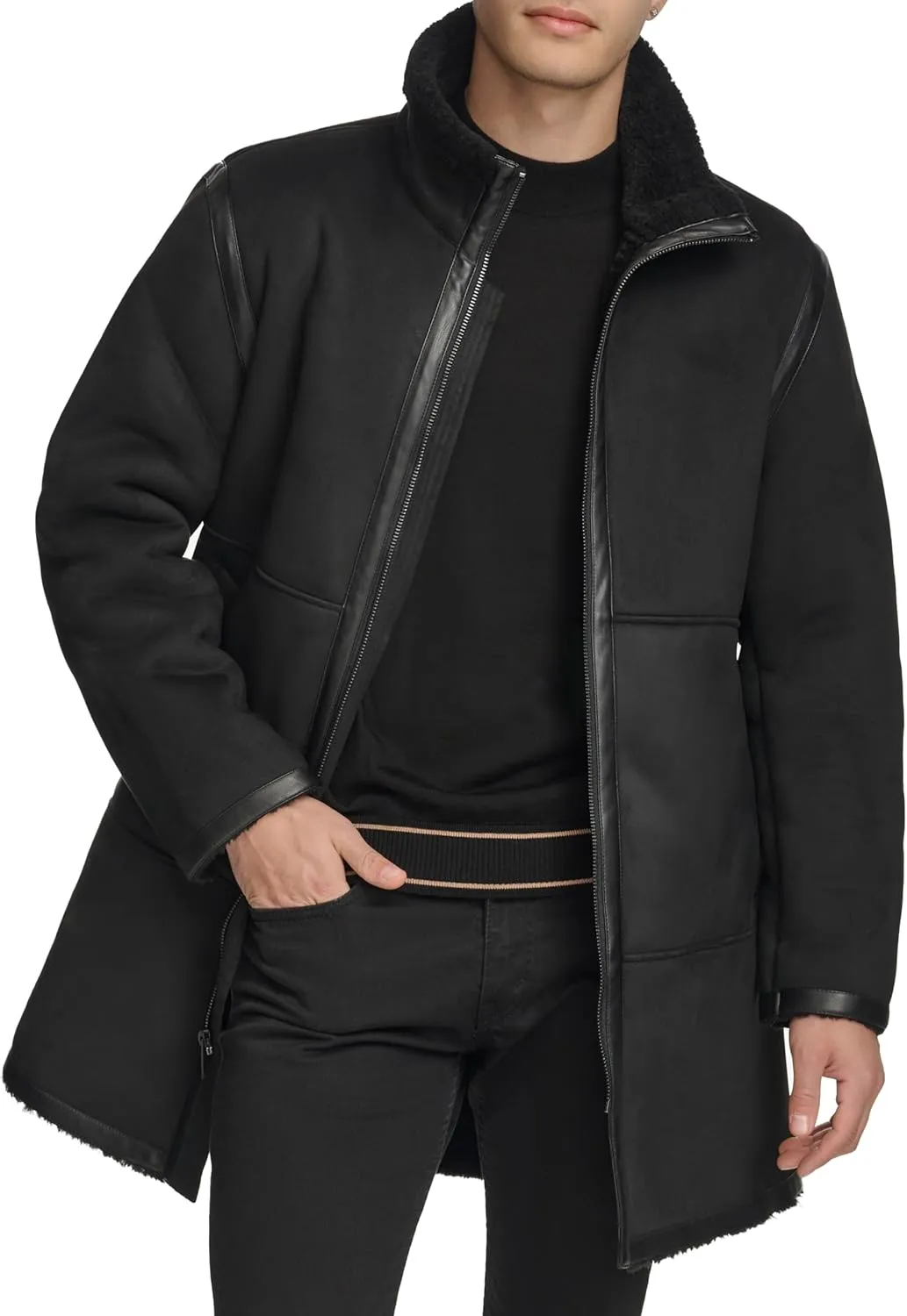 DKNY Mens Long Faux Shearling Coat