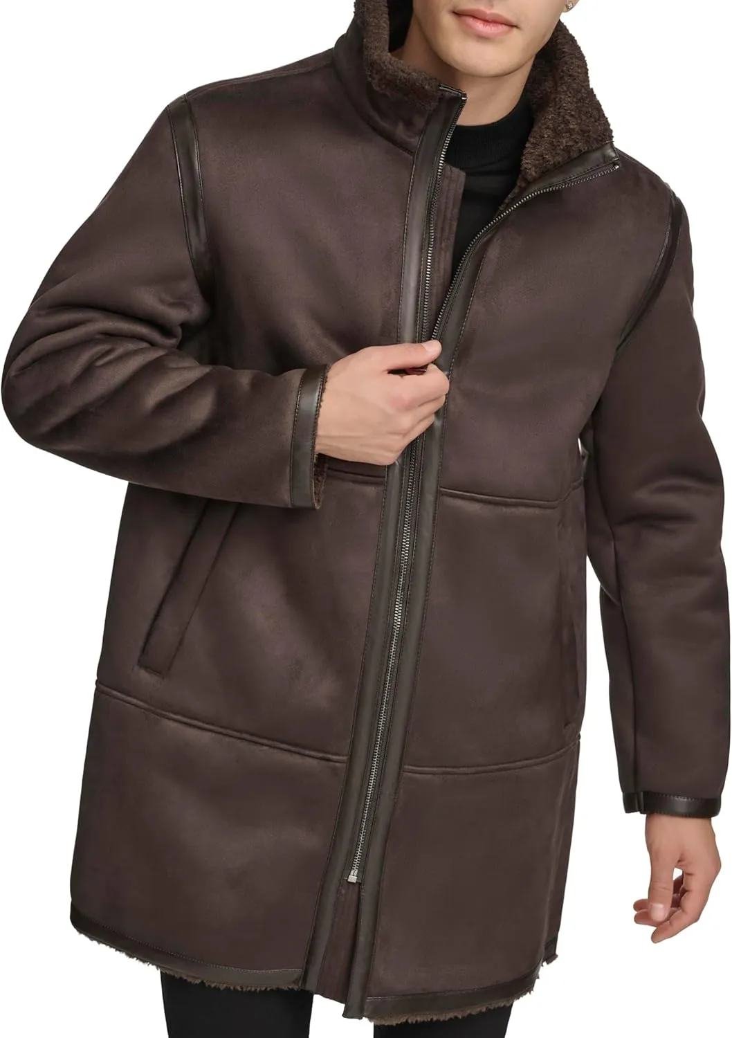 DKNY Mens Long Faux Shearling Coat