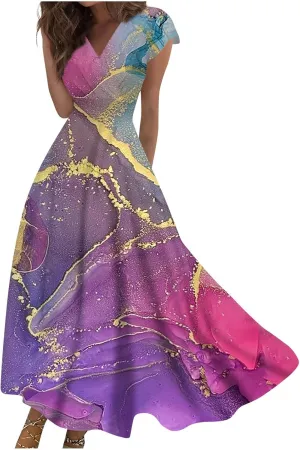 Dresses for Women 2024 Elegant Flowy Sundresses Wrap V Neck Floral Print Beach Dress Cap Sleeve Comfy Long Dresses
