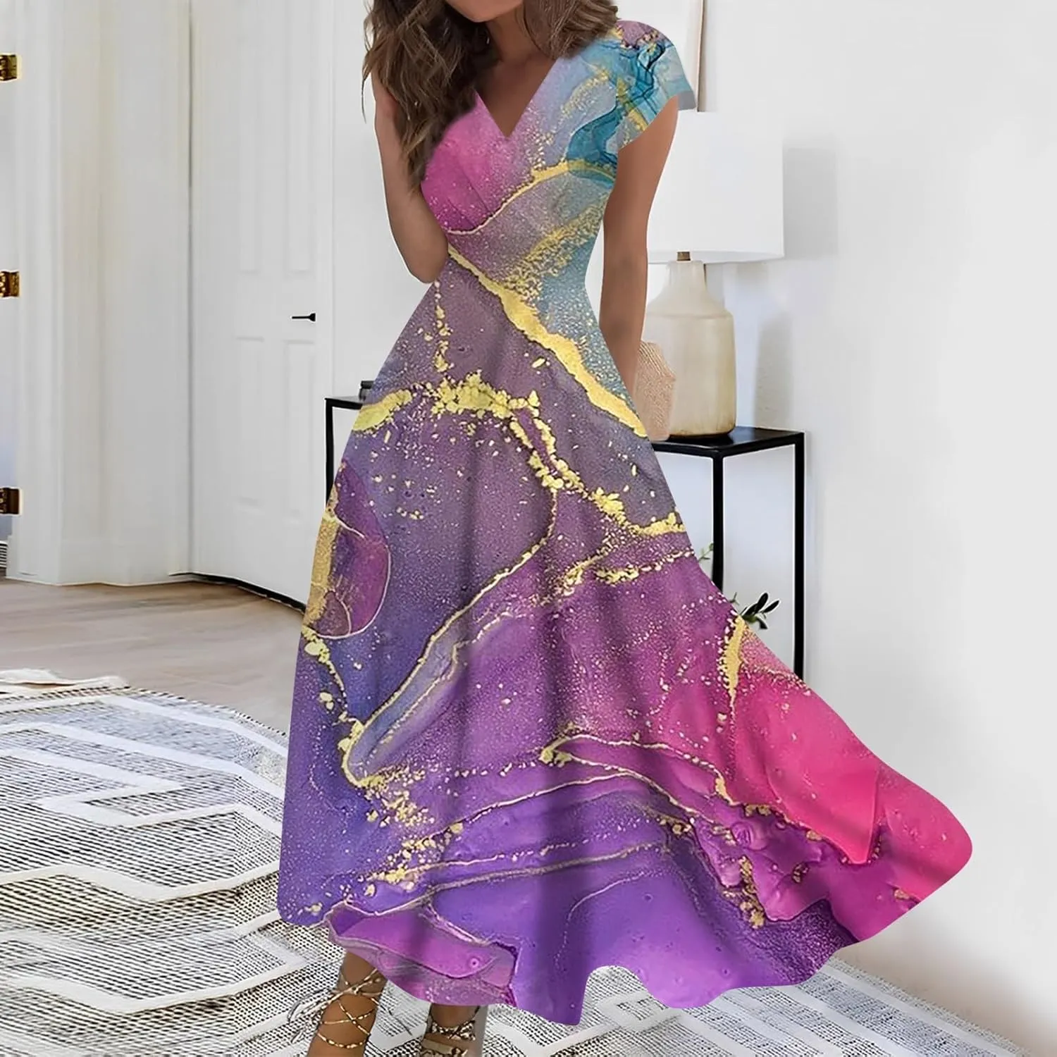 Dresses for Women 2024 Elegant Flowy Sundresses Wrap V Neck Floral Print Beach Dress Cap Sleeve Comfy Long Dresses