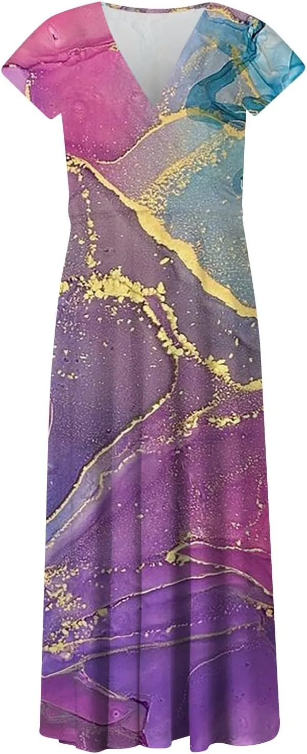 Dresses for Women 2024 Elegant Flowy Sundresses Wrap V Neck Floral Print Beach Dress Cap Sleeve Comfy Long Dresses