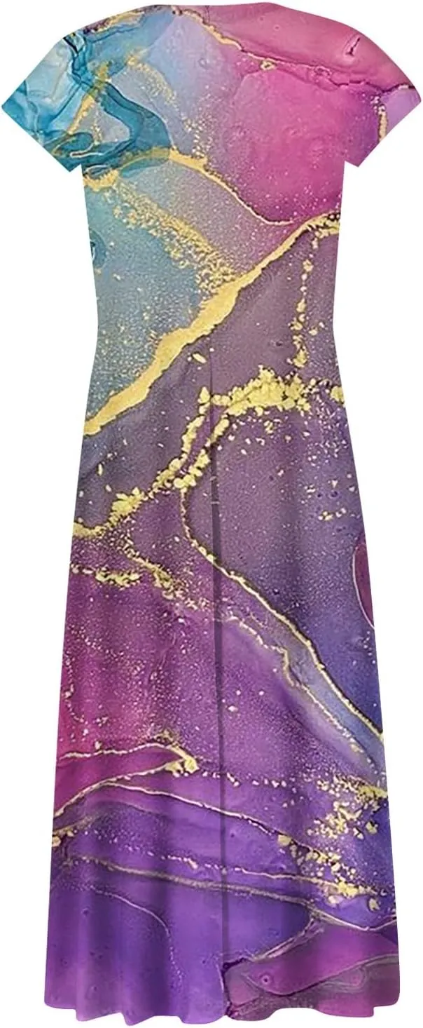 Dresses for Women 2024 Elegant Flowy Sundresses Wrap V Neck Floral Print Beach Dress Cap Sleeve Comfy Long Dresses