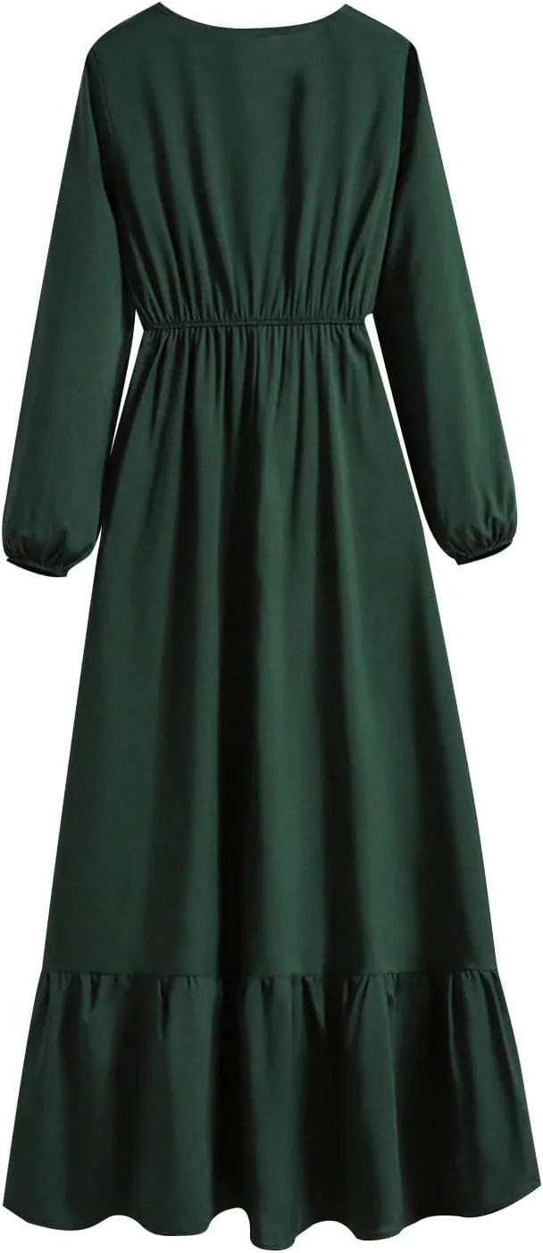 Dresses for Women Fall Casual 2024 Big Hem Elastic Waist Flowy Dress Long Sleeve Comfy Outdoor Vacation Maxi Dresses