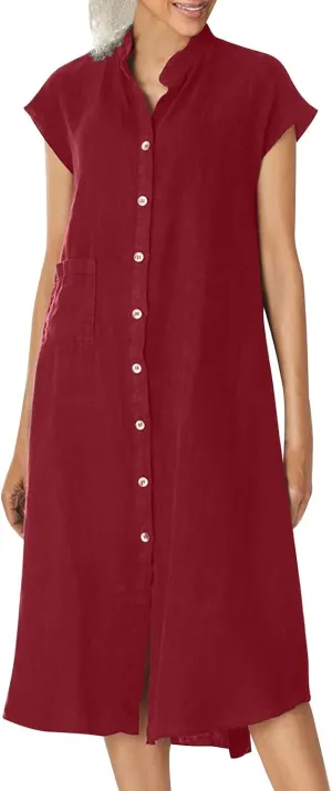 Dressy Cotton Linen Shirt Dress Women Cap Sleeve Stand Collar Work Midi Dress Summer Casual Button Up Beach Sundress