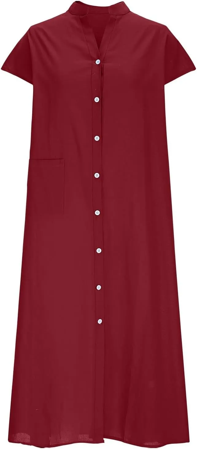 Dressy Cotton Linen Shirt Dress Women Cap Sleeve Stand Collar Work Midi Dress Summer Casual Button Up Beach Sundress