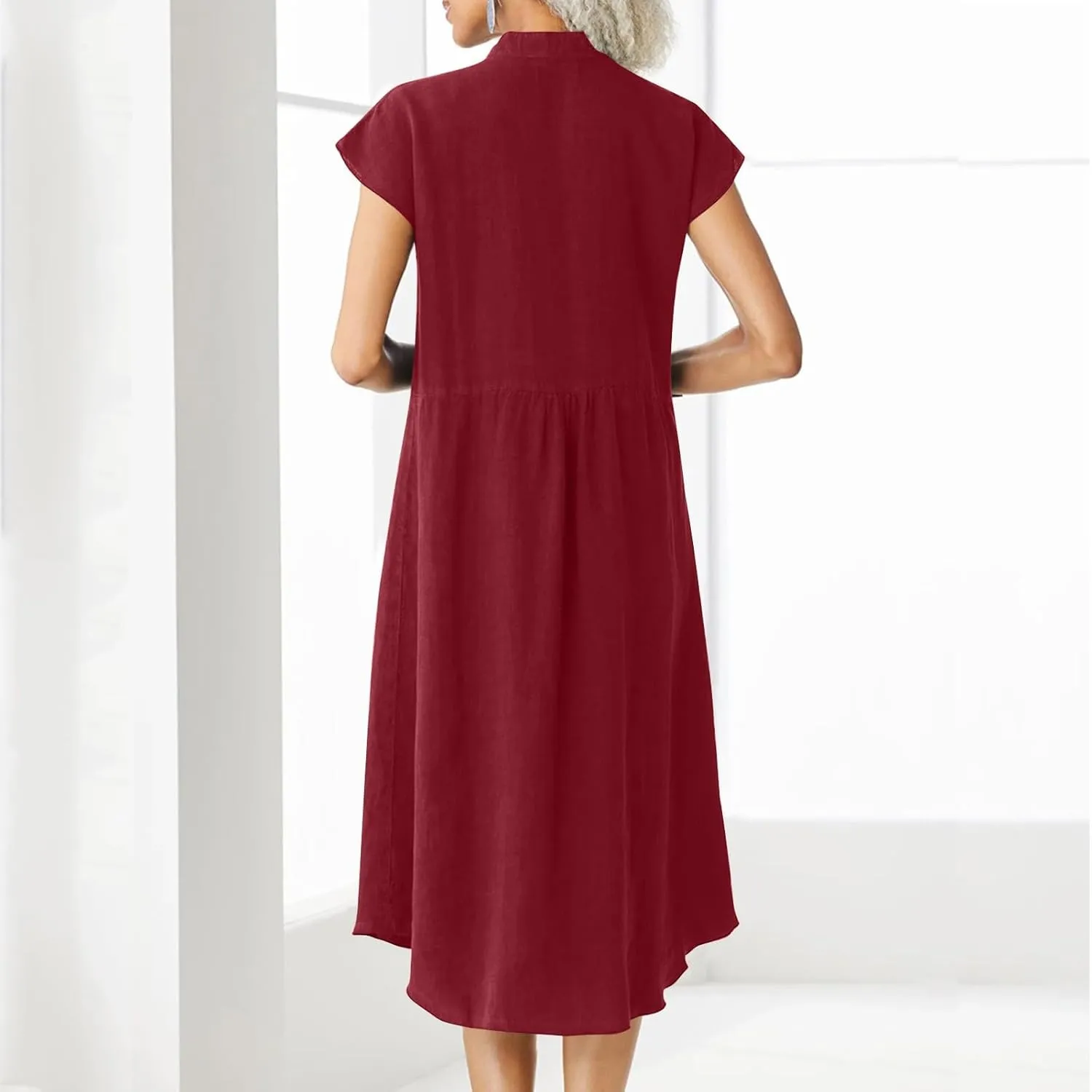 Dressy Cotton Linen Shirt Dress Women Cap Sleeve Stand Collar Work Midi Dress Summer Casual Button Up Beach Sundress