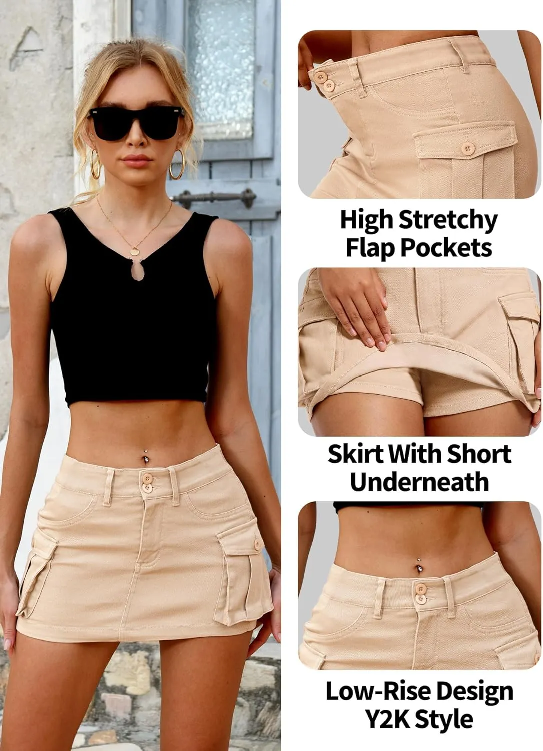 ELLEVEN High Stretchy Denim Cargo Skort for Women, High Waist, Casual Mini Y2K Jean Skirt Shorts with Pockets