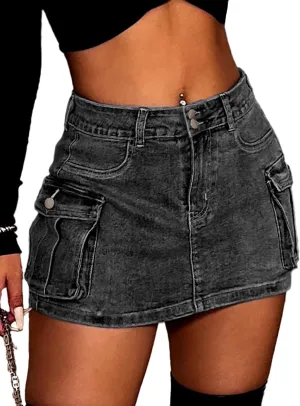 ELLEVEN High Stretchy Denim Cargo Skort for Women, High Waist, Casual Mini Y2K Jean Skirt Shorts with Pockets