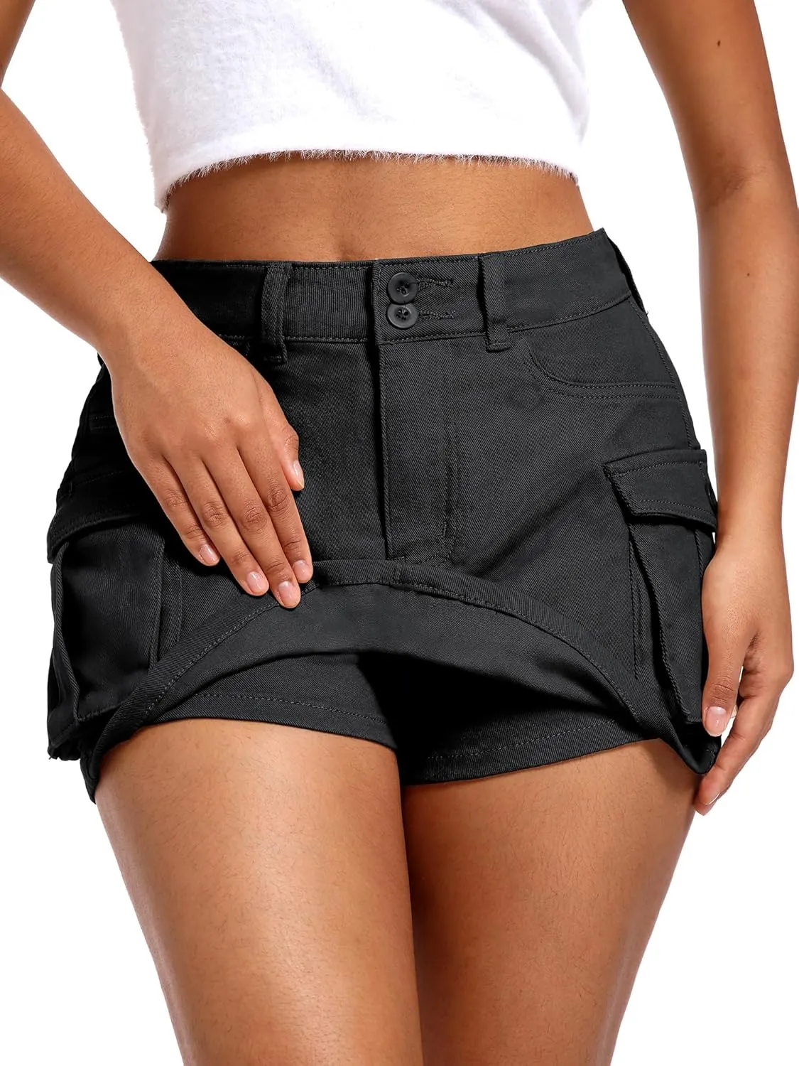 ELLEVEN High Stretchy Denim Cargo Skort for Women, High Waist, Casual Mini Y2K Jean Skirt Shorts with Pockets