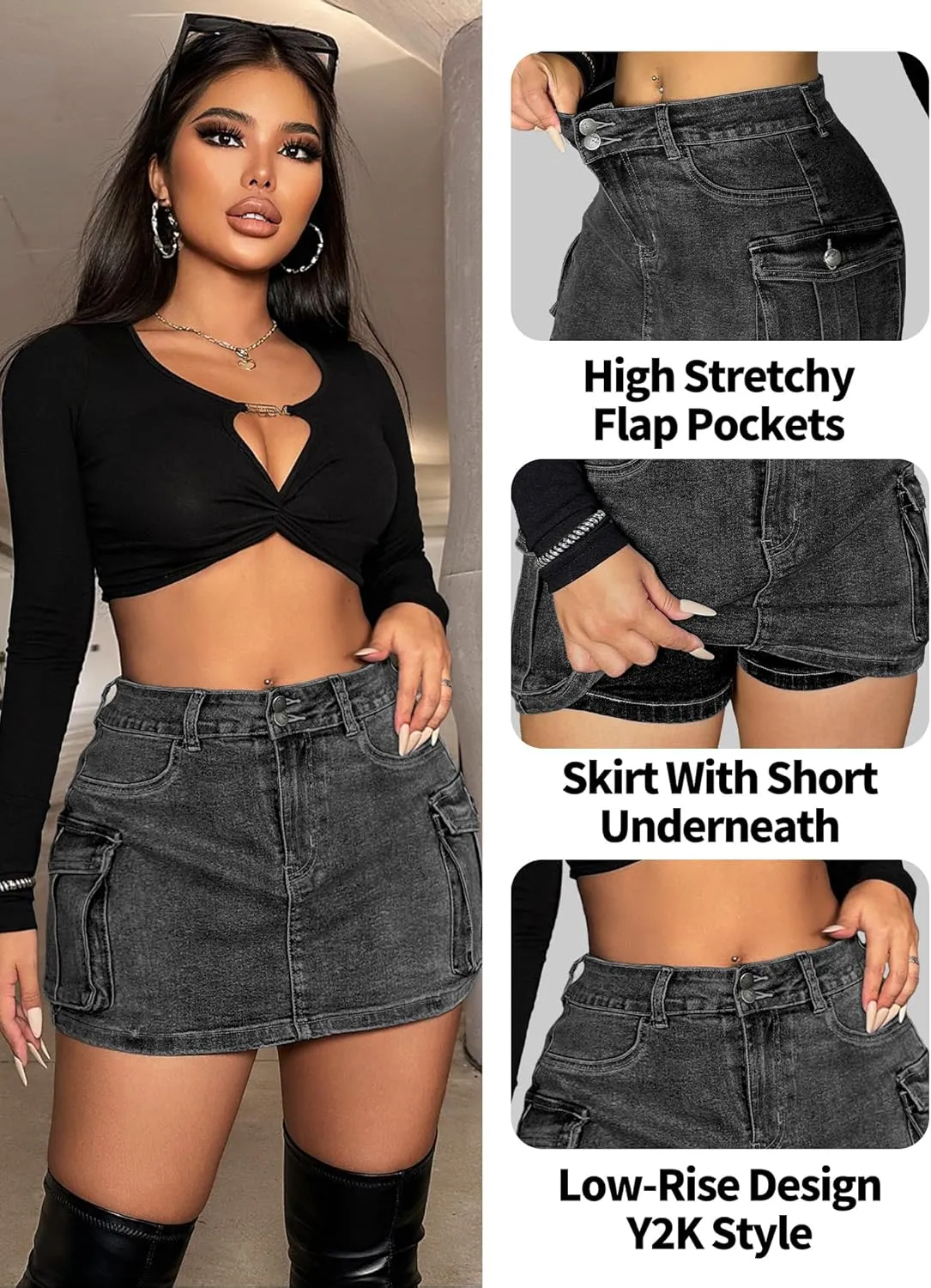ELLEVEN High Stretchy Denim Cargo Skort for Women, High Waist, Casual Mini Y2K Jean Skirt Shorts with Pockets