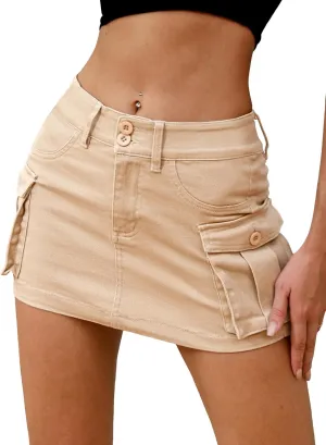 ELLEVEN High Stretchy Denim Cargo Skort for Women, High Waist, Casual Mini Y2K Jean Skirt Shorts with Pockets