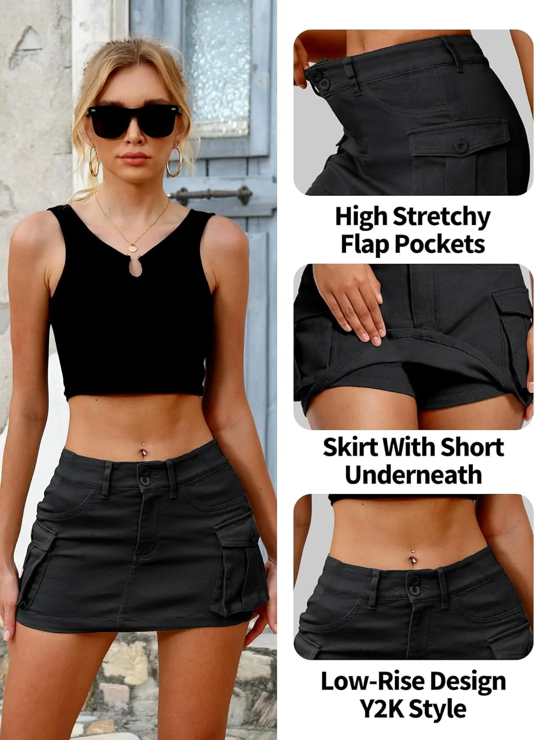 ELLEVEN High Stretchy Denim Cargo Skort for Women, High Waist, Casual Mini Y2K Jean Skirt Shorts with Pockets