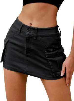 ELLEVEN High Stretchy Denim Cargo Skort for Women, High Waist, Casual Mini Y2K Jean Skirt Shorts with Pockets