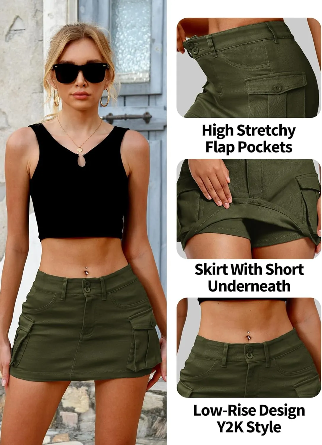 ELLEVEN High Stretchy Denim Cargo Skort for Women, High Waist, Casual Mini Y2K Jean Skirt Shorts with Pockets