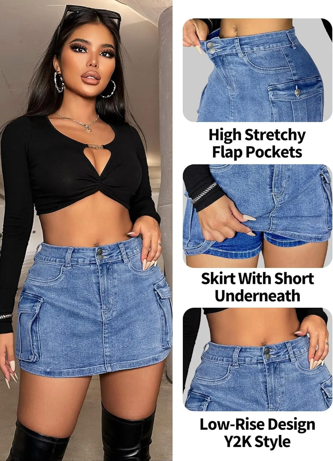 ELLEVEN High Stretchy Denim Cargo Skort for Women, High Waist, Casual Mini Y2K Jean Skirt Shorts with Pockets