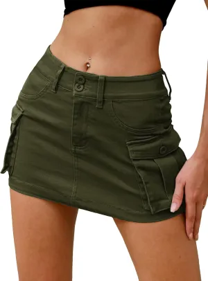 ELLEVEN High Stretchy Denim Cargo Skort for Women, High Waist, Casual Mini Y2K Jean Skirt Shorts with Pockets