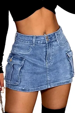 ELLEVEN High Stretchy Denim Cargo Skort for Women, High Waist, Casual Mini Y2K Jean Skirt Shorts with Pockets