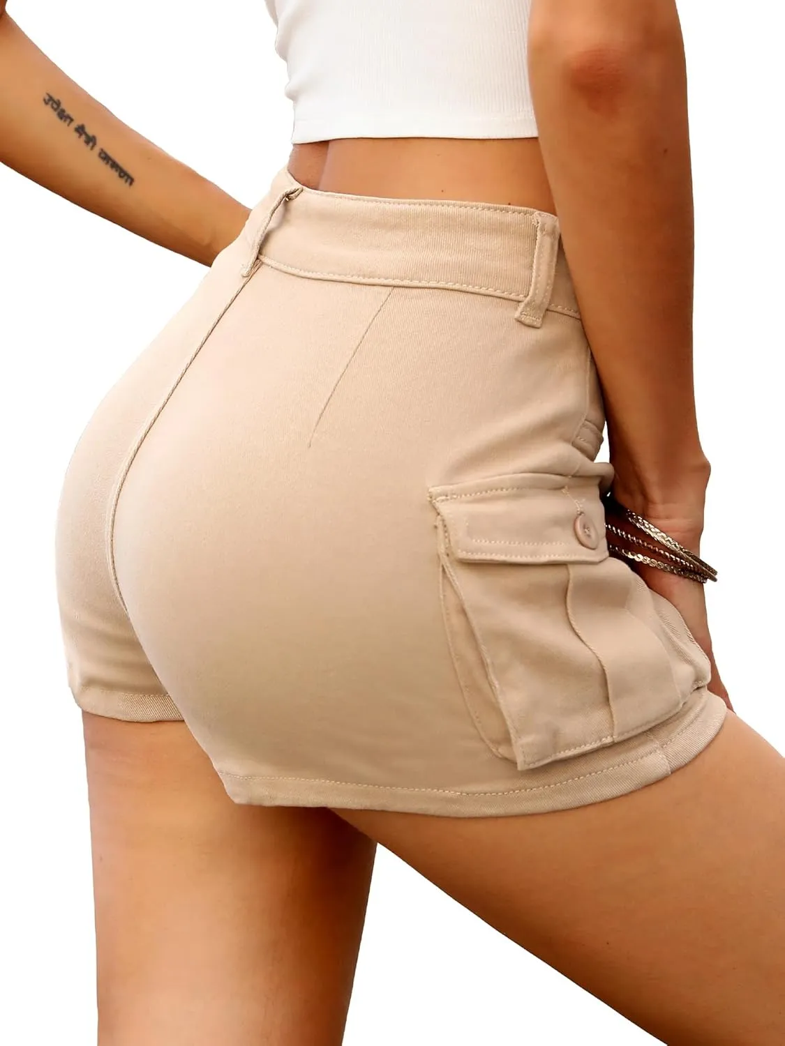 ELLEVEN High Stretchy Denim Cargo Skort for Women, High Waist, Casual Mini Y2K Jean Skirt Shorts with Pockets