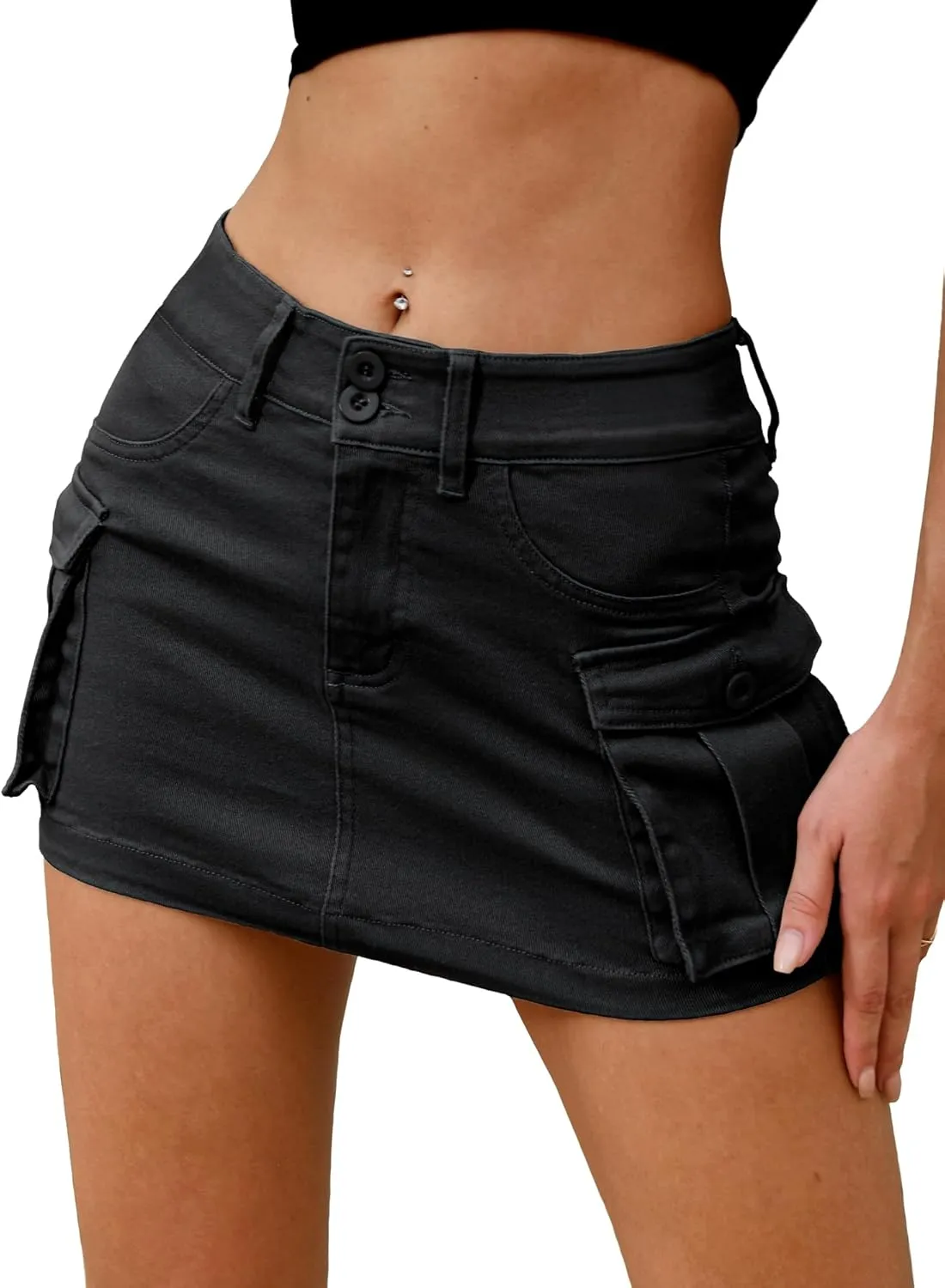 ELLEVEN High Stretchy Denim Cargo Skort for Women, High Waist, Casual Mini Y2K Jean Skirt Shorts with Pockets