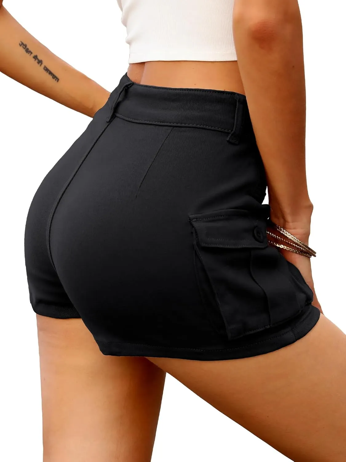 ELLEVEN High Stretchy Denim Cargo Skort for Women, High Waist, Casual Mini Y2K Jean Skirt Shorts with Pockets