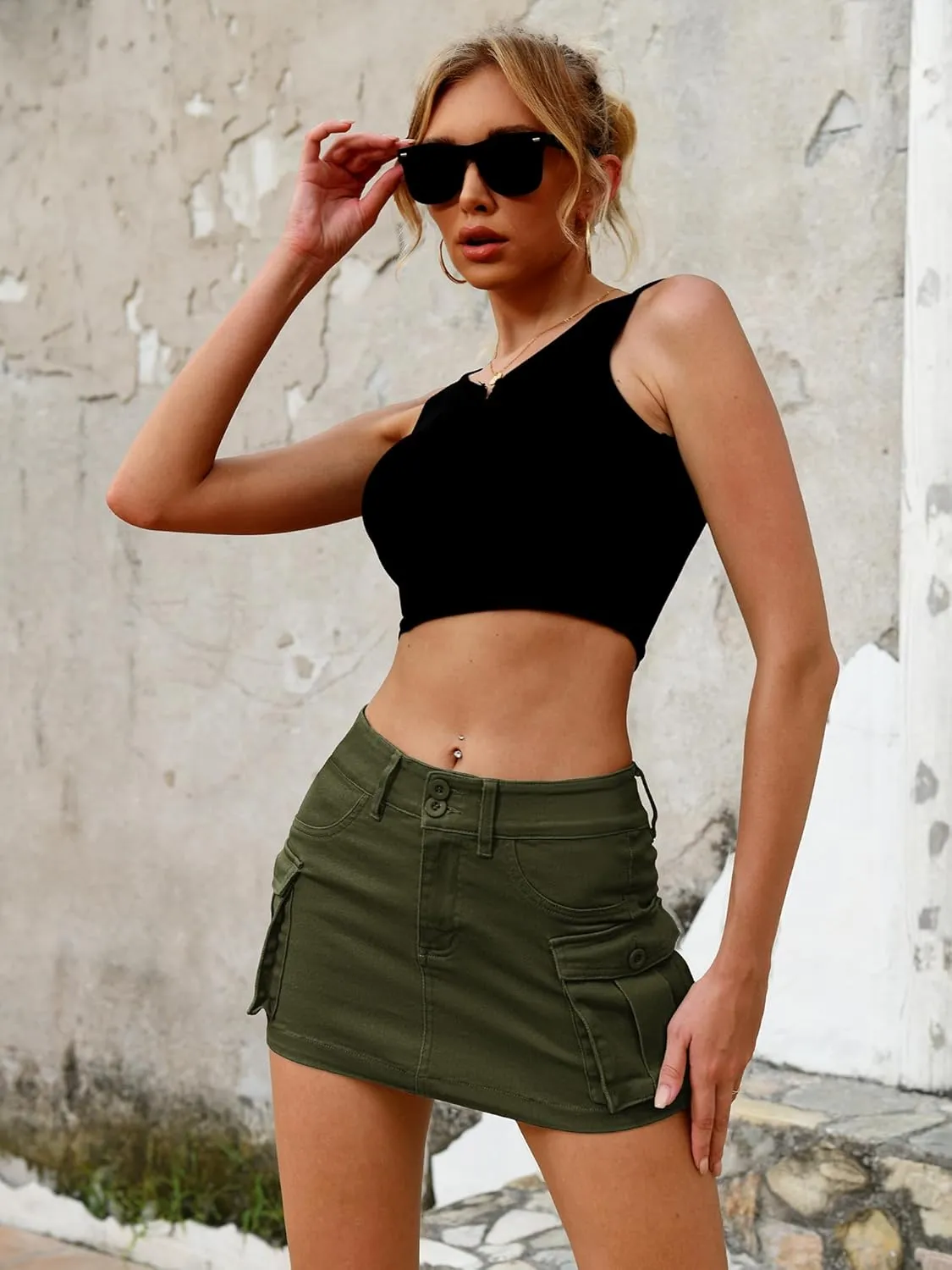 ELLEVEN High Stretchy Denim Cargo Skort for Women, High Waist, Casual Mini Y2K Jean Skirt Shorts with Pockets