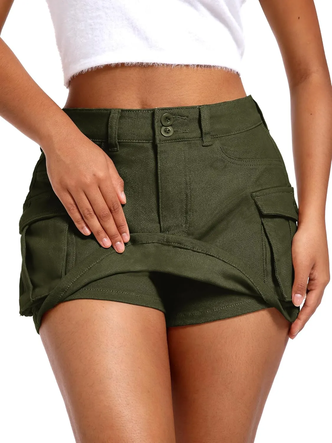 ELLEVEN High Stretchy Denim Cargo Skort for Women, High Waist, Casual Mini Y2K Jean Skirt Shorts with Pockets