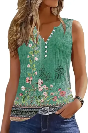 ETCYY Tank Tops for Women 2025 Summer Pleated Tunic Loose Fit Sleeveless Shirts Dressy Casual V Neck Button Down Blouses