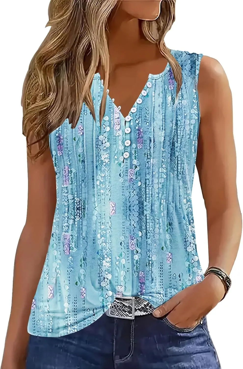 ETCYY Tank Tops for Women 2025 Summer Pleated Tunic Loose Fit Sleeveless Shirts Dressy Casual V Neck Button Down Blouses