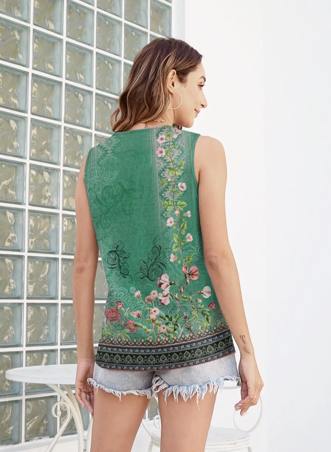 ETCYY Tank Tops for Women 2025 Summer Pleated Tunic Loose Fit Sleeveless Shirts Dressy Casual V Neck Button Down Blouses