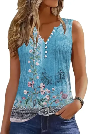 ETCYY Tank Tops for Women 2025 Summer Pleated Tunic Loose Fit Sleeveless Shirts Dressy Casual V Neck Button Down Blouses