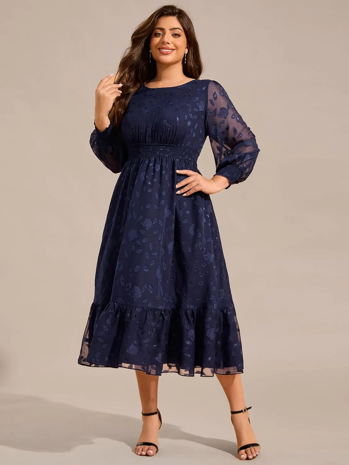 Ever-Pretty Women's Round Neck A Line Chiffon Long Sleeves Midi Length Plus Size Casual Dress for Wedding Guest 02279-DA