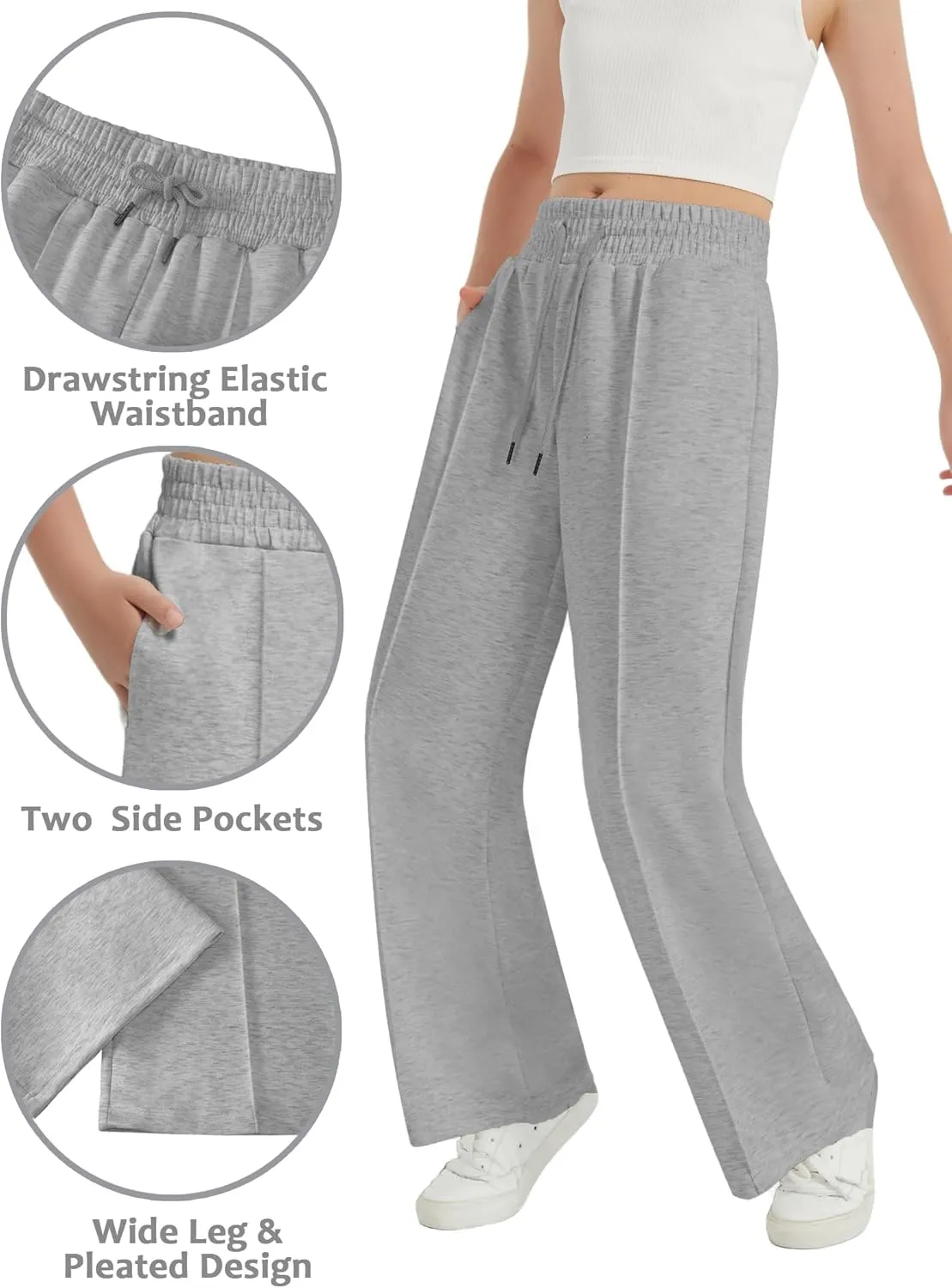EXARUS Girls Sweatpants Front Seam Drawstring High Waist Wide Leg Sweat Pants Baggy Causal Kids High Waisted 6-14Y