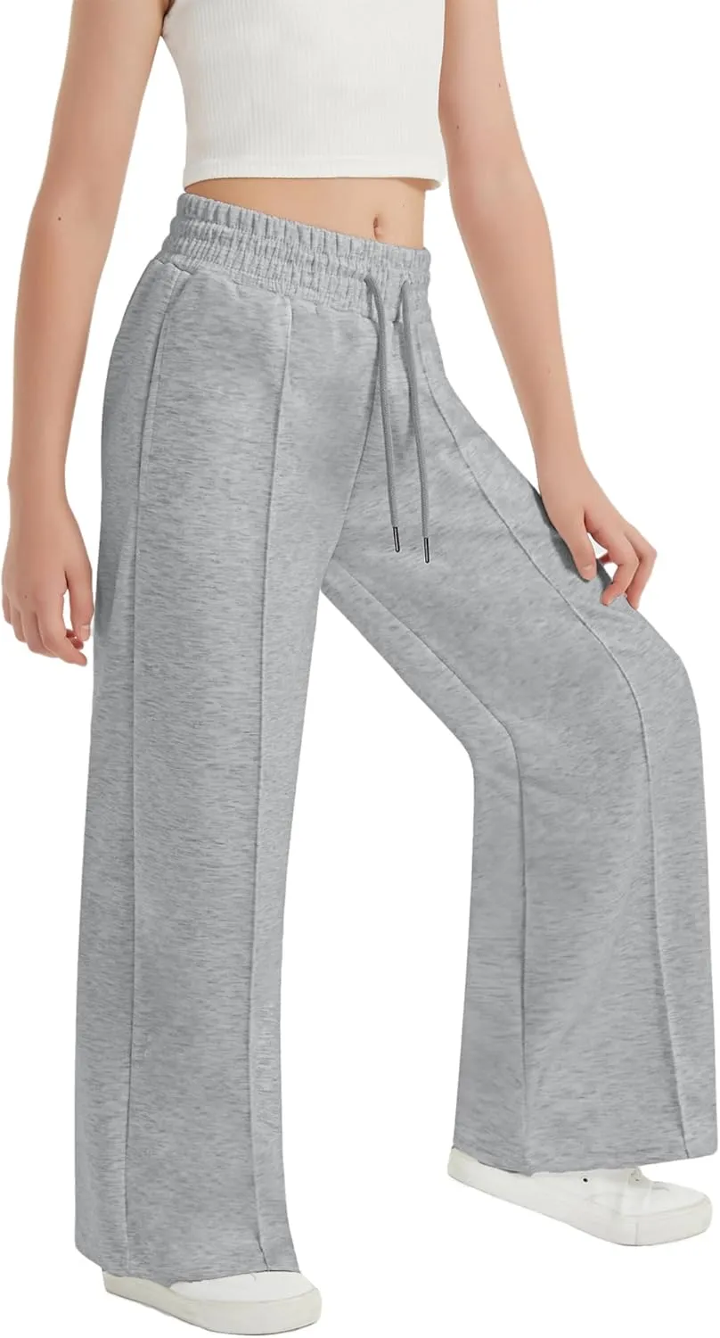EXARUS Girls Sweatpants Front Seam Drawstring High Waist Wide Leg Sweat Pants Baggy Causal Kids High Waisted 6-14Y
