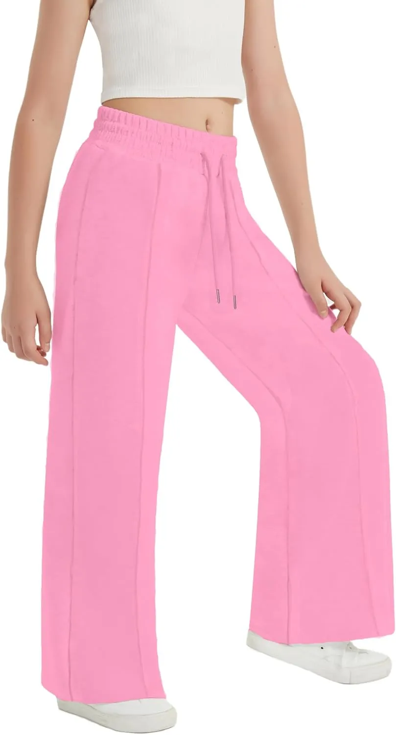 EXARUS Girls Sweatpants Front Seam Drawstring High Waist Wide Leg Sweat Pants Baggy Causal Kids High Waisted 6-14Y