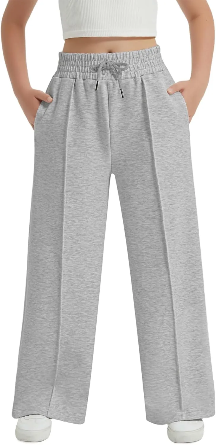 EXARUS Girls Sweatpants Front Seam Drawstring High Waist Wide Leg Sweat Pants Baggy Causal Kids High Waisted 6-14Y
