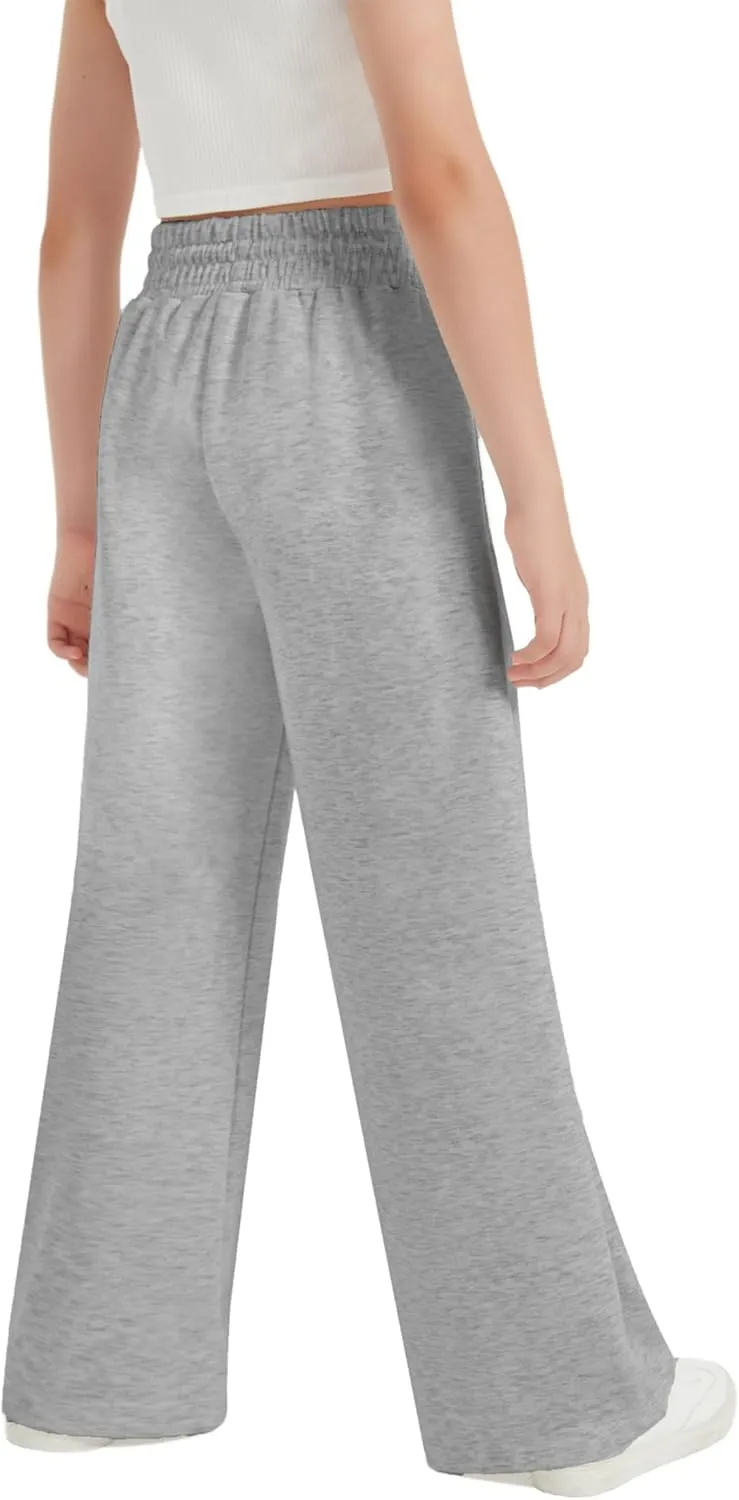 EXARUS Girls Sweatpants Front Seam Drawstring High Waist Wide Leg Sweat Pants Baggy Causal Kids High Waisted 6-14Y