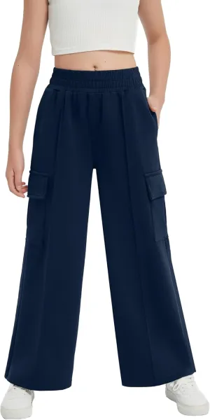 EXARUS Girls Sweatpants Wide Leg Baggy Teen Sweat Pants Cargo/Side Striped/Crossover V Waist Casual with Pockets 6-14Y