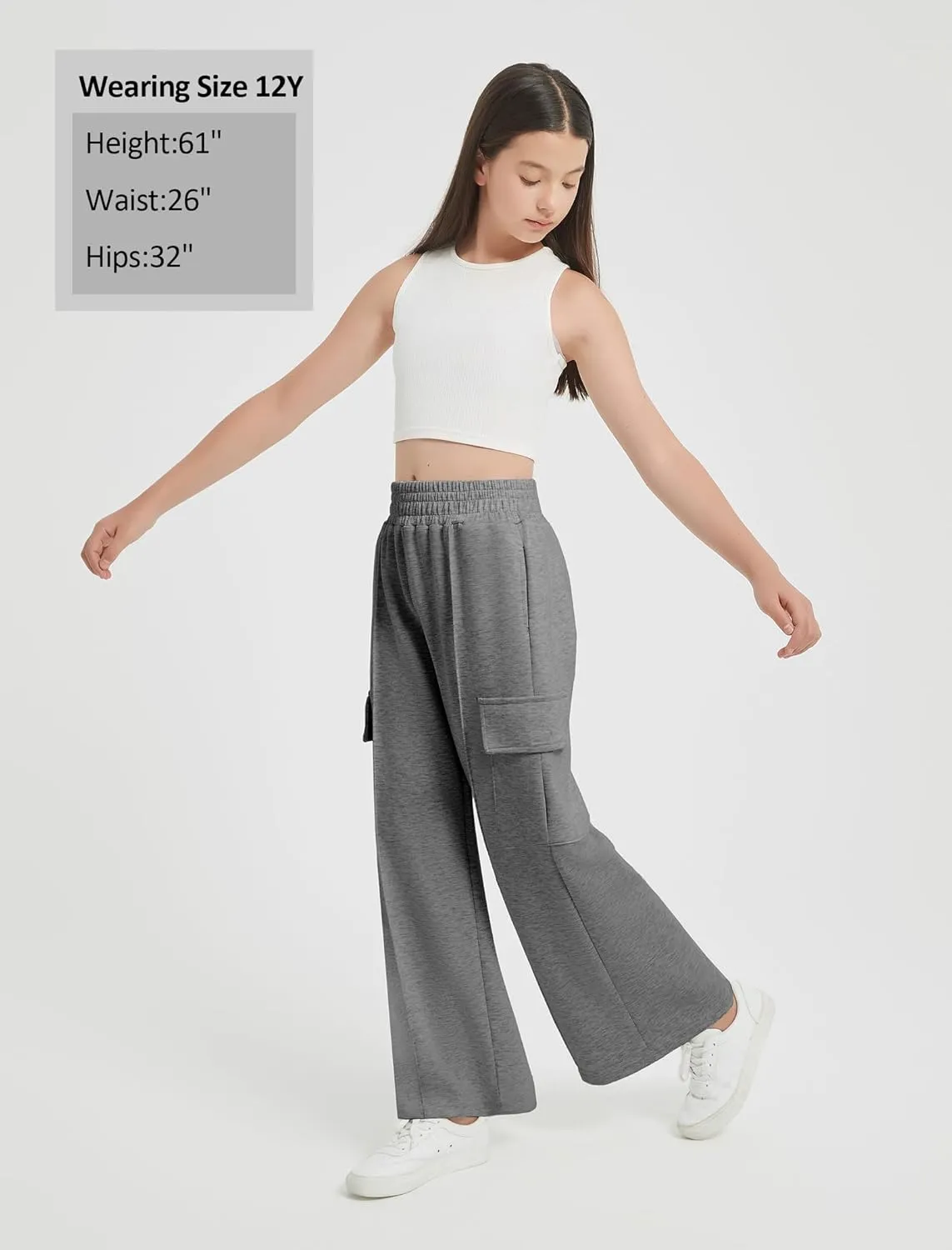 EXARUS Girls Sweatpants Wide Leg Baggy Teen Sweat Pants Cargo/Side Striped/Crossover V Waist Casual with Pockets 6-14Y