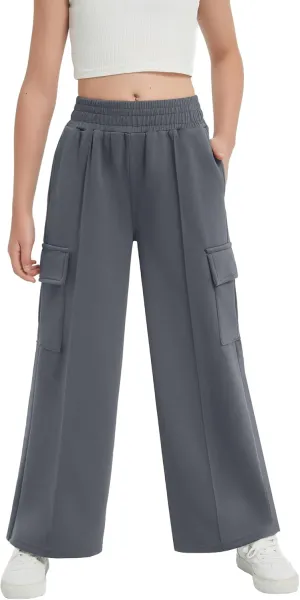 EXARUS Girls Sweatpants Wide Leg Baggy Teen Sweat Pants Cargo/Side Striped/Crossover V Waist Casual with Pockets 6-14Y