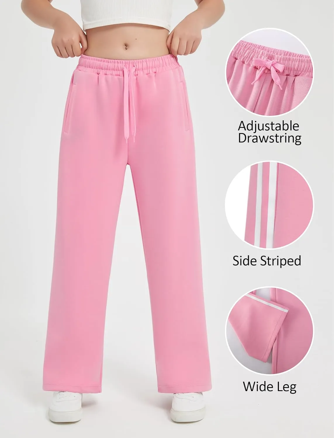 EXARUS Girls Sweatpants Wide Leg Baggy Teen Sweat Pants Cargo/Side Striped/Crossover V Waist Casual with Pockets 6-14Y