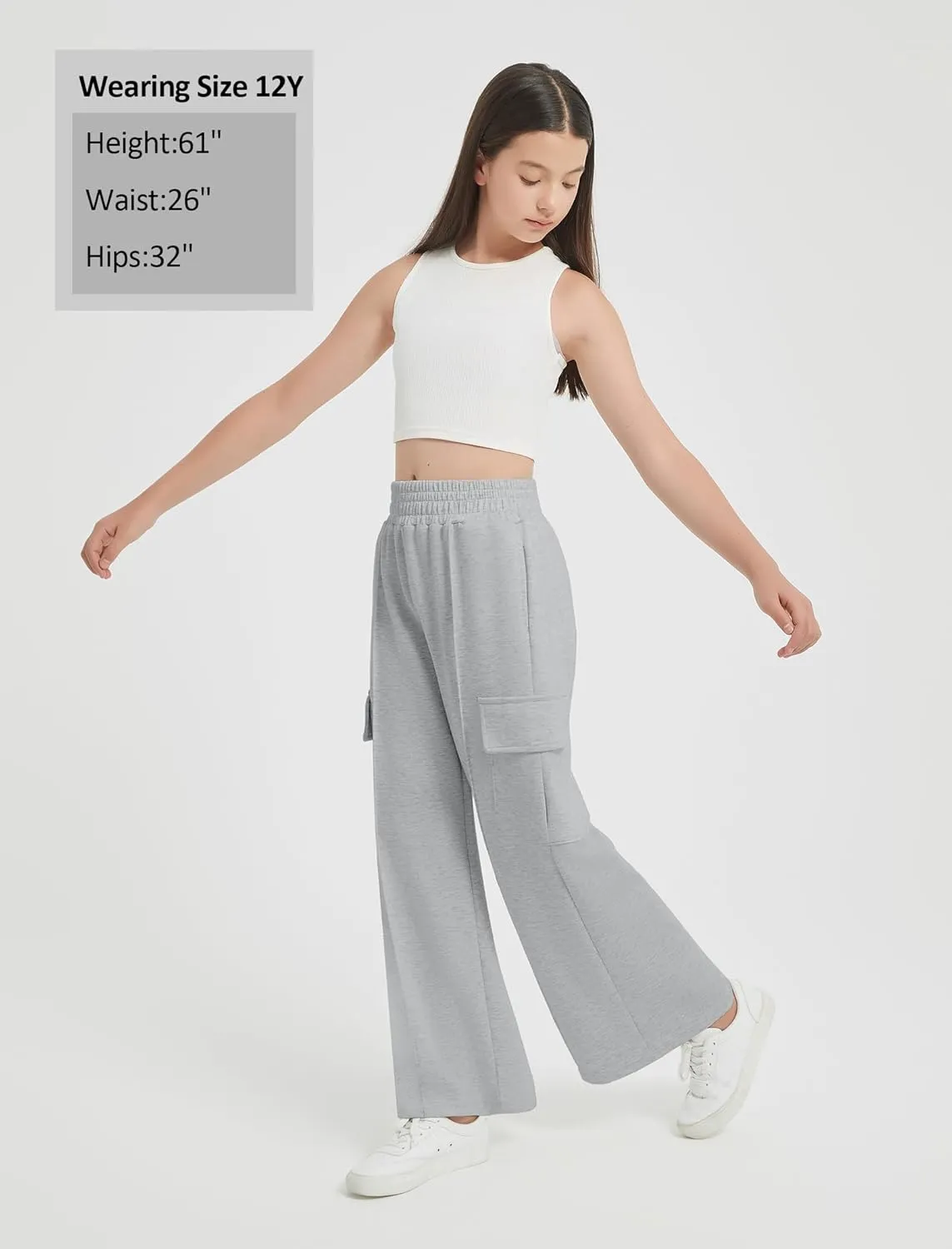 EXARUS Girls Sweatpants Wide Leg Baggy Teen Sweat Pants Cargo/Side Striped/Crossover V Waist Casual with Pockets 6-14Y