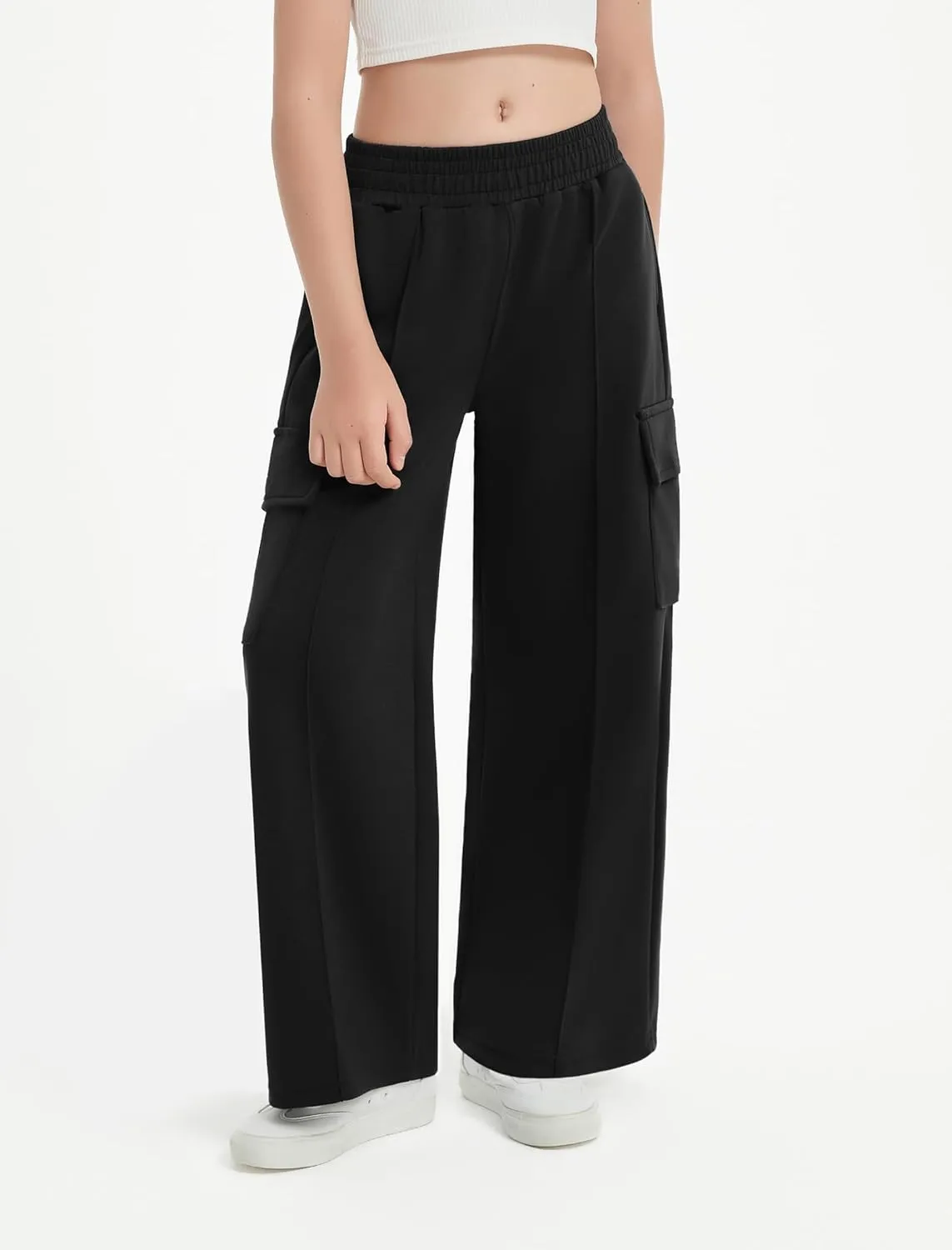 EXARUS Girls Sweatpants Wide Leg Baggy Teen Sweat Pants Cargo/Side Striped/Crossover V Waist Casual with Pockets 6-14Y