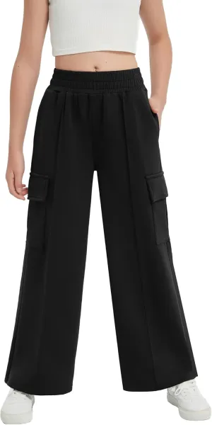 EXARUS Girls Sweatpants Wide Leg Baggy Teen Sweat Pants Cargo/Side Striped/Crossover V Waist Casual with Pockets 6-14Y