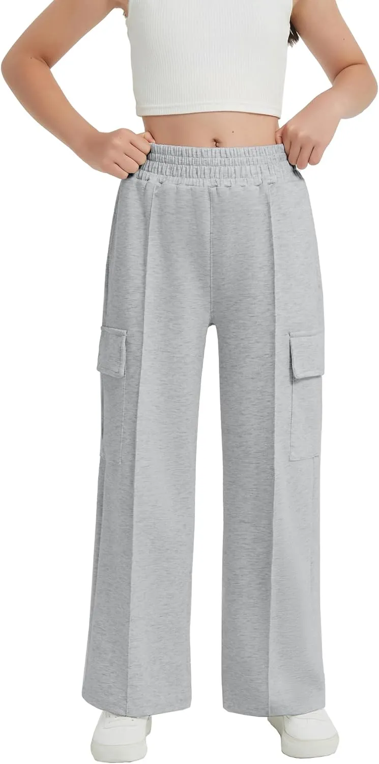 EXARUS Girls Sweatpants Wide Leg Baggy Teen Sweat Pants Cargo/Side Striped/Crossover V Waist Casual with Pockets 6-14Y
