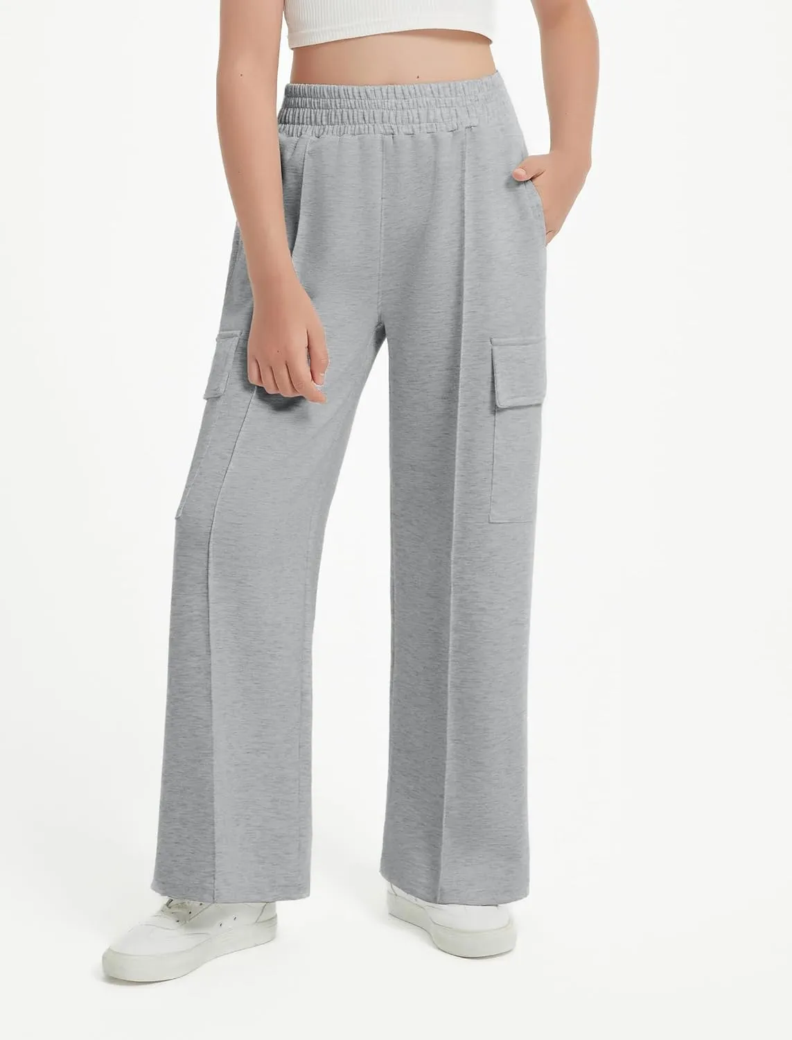 EXARUS Girls Sweatpants Wide Leg Baggy Teen Sweat Pants Cargo/Side Striped/Crossover V Waist Casual with Pockets 6-14Y