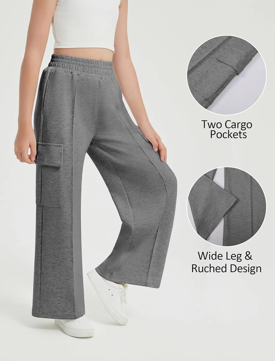 EXARUS Girls Sweatpants Wide Leg Baggy Teen Sweat Pants Cargo/Side Striped/Crossover V Waist Casual with Pockets 6-14Y