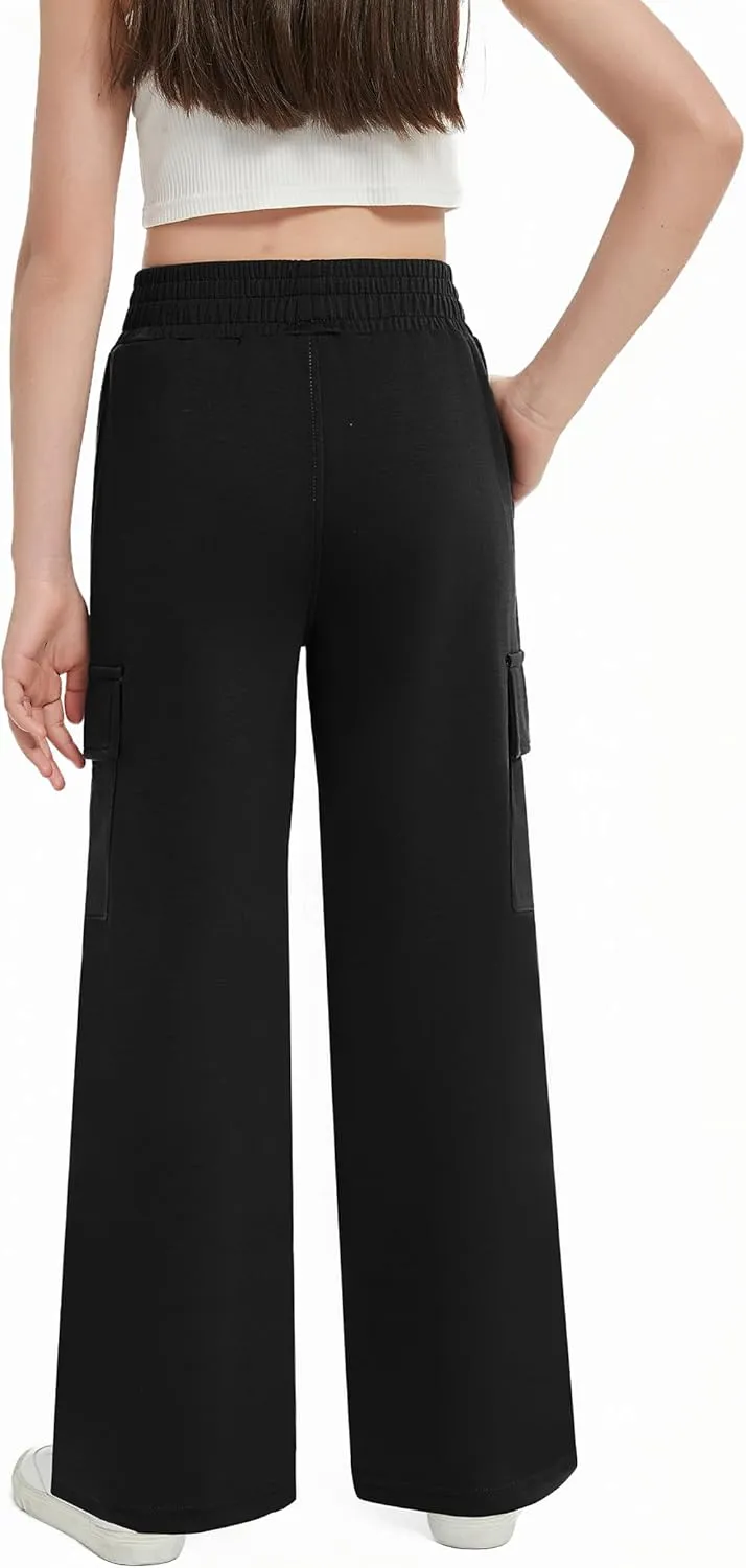 EXARUS Girls Sweatpants Wide Leg Baggy Teen Sweat Pants Cargo/Side Striped/Crossover V Waist Casual with Pockets 6-14Y