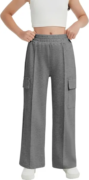 EXARUS Girls Sweatpants Wide Leg Baggy Teen Sweat Pants Cargo/Side Striped/Crossover V Waist Casual with Pockets 6-14Y