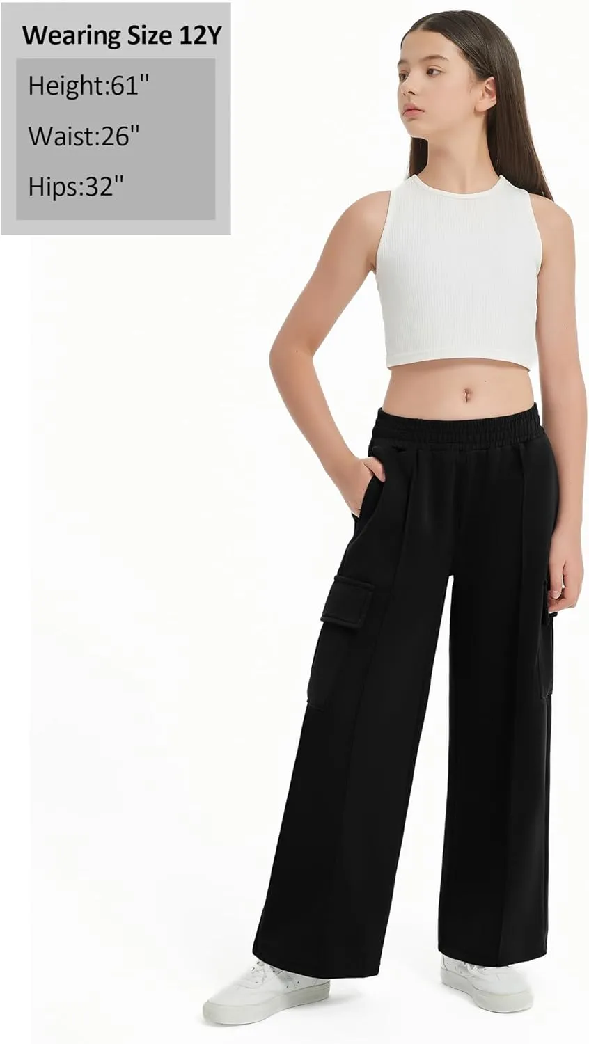 EXARUS Girls Sweatpants Wide Leg Baggy Teen Sweat Pants Cargo/Side Striped/Crossover V Waist Casual with Pockets 6-14Y