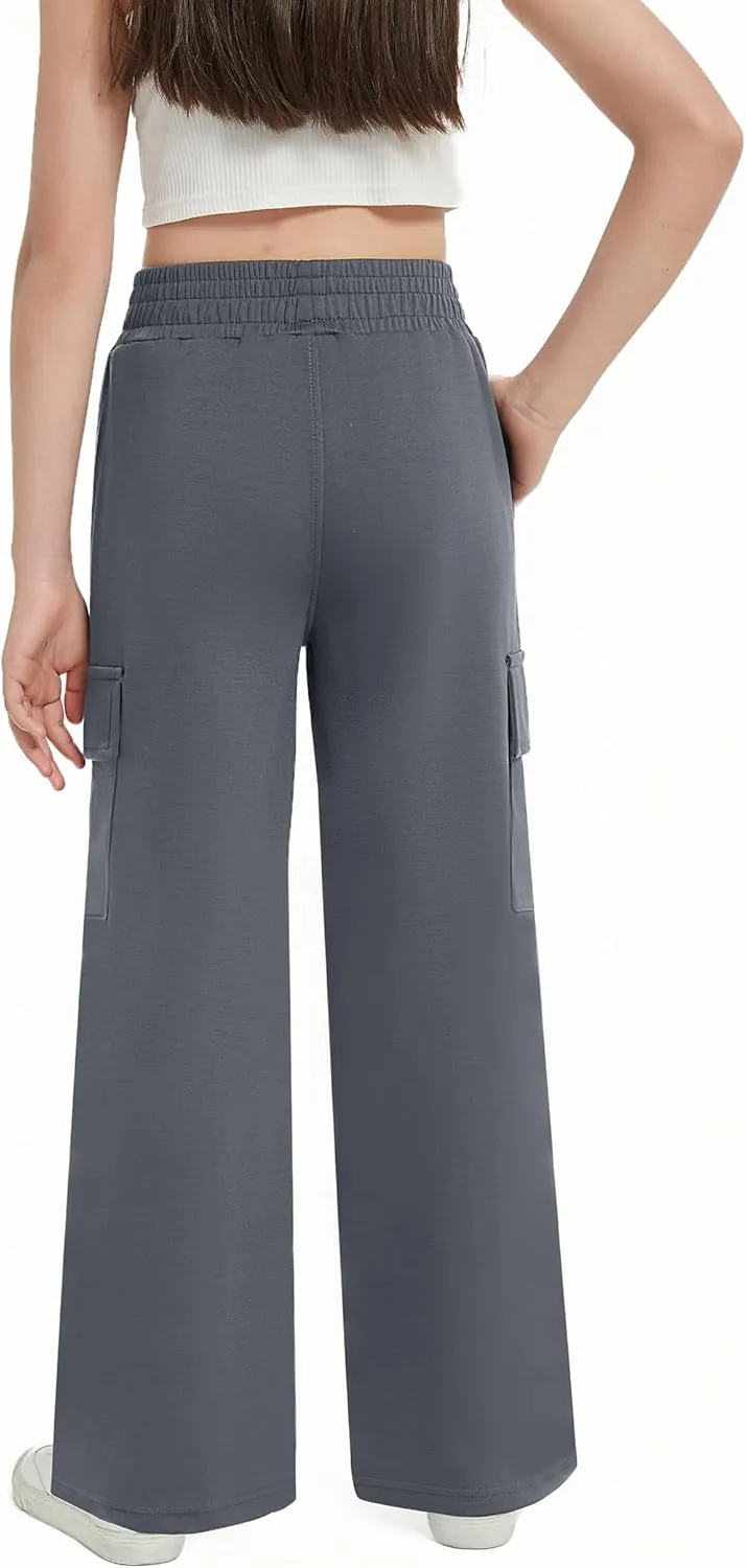 EXARUS Girls Sweatpants Wide Leg Baggy Teen Sweat Pants Cargo/Side Striped/Crossover V Waist Casual with Pockets 6-14Y